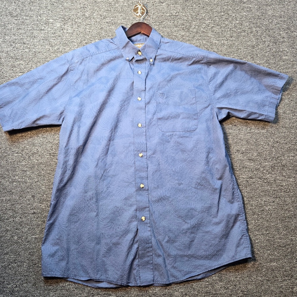 Ariat Button Down Shirt Men Large Blue Palm Leaf Jacquard Western Casual Classic